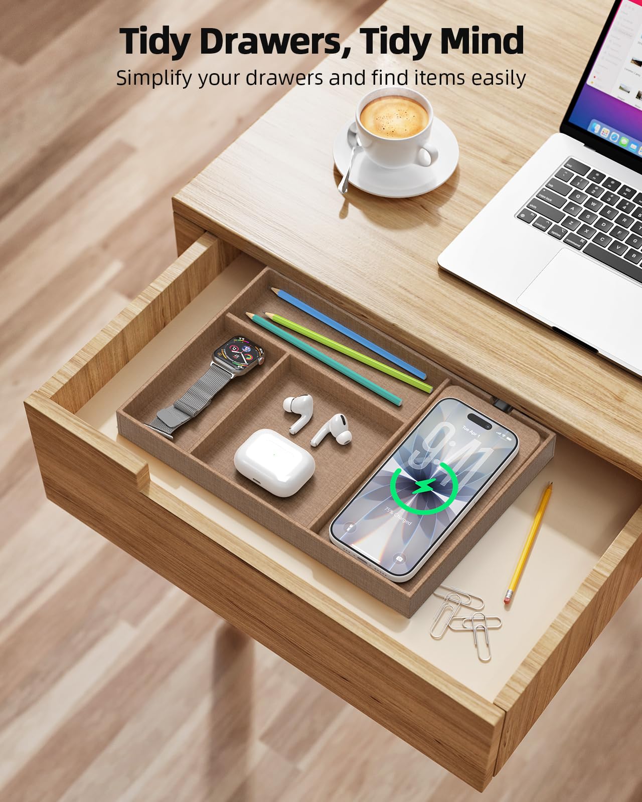 Valet Tray with Wireless Charger, Nightstand Organizer & Catchall Tray for Phone, Keys, Glasses and Accessories, Premium Linen, Stylish Desk & Bedside Storage Station