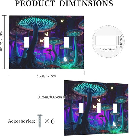 Fantasy Mushroom Forest Glowing Butterfly 3 Gang Wall Plates Decorative Triple Toggle Light Switch Cover Electrical Switchplate Unused Decorate Faceplate for Bathroom Home