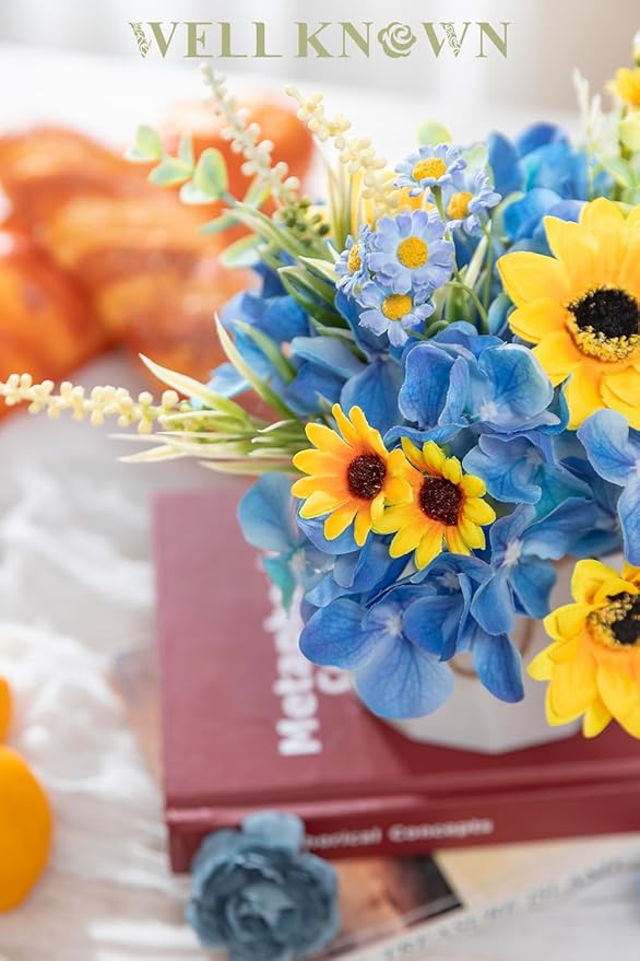WELL KNOWN Small Fake Flowers in Plastic Vase 7" Centerpieces Coffee Table Decor, Silk Sunflower Arrangement for Home Decor Artificial Flower Bouquet for Dining Room Kitchen Wedding Summer Yellow Blue