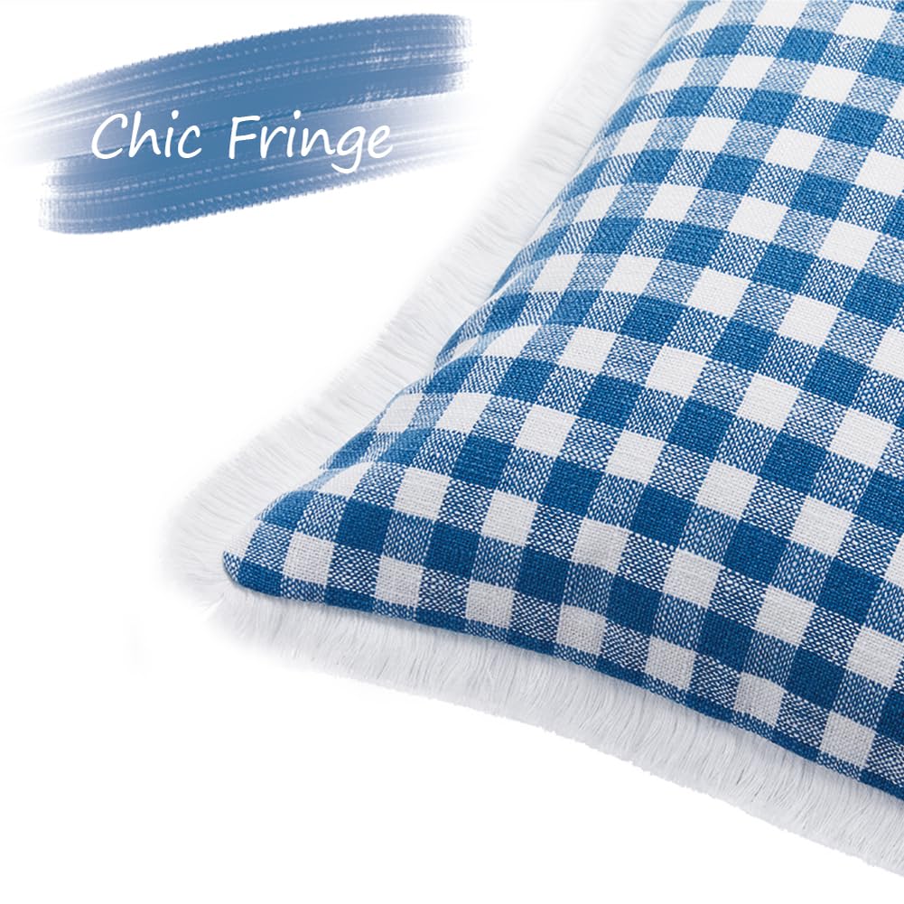 18x18 Blue and White Gingham Striped Throw Pillow Covers with Ruffle Trim