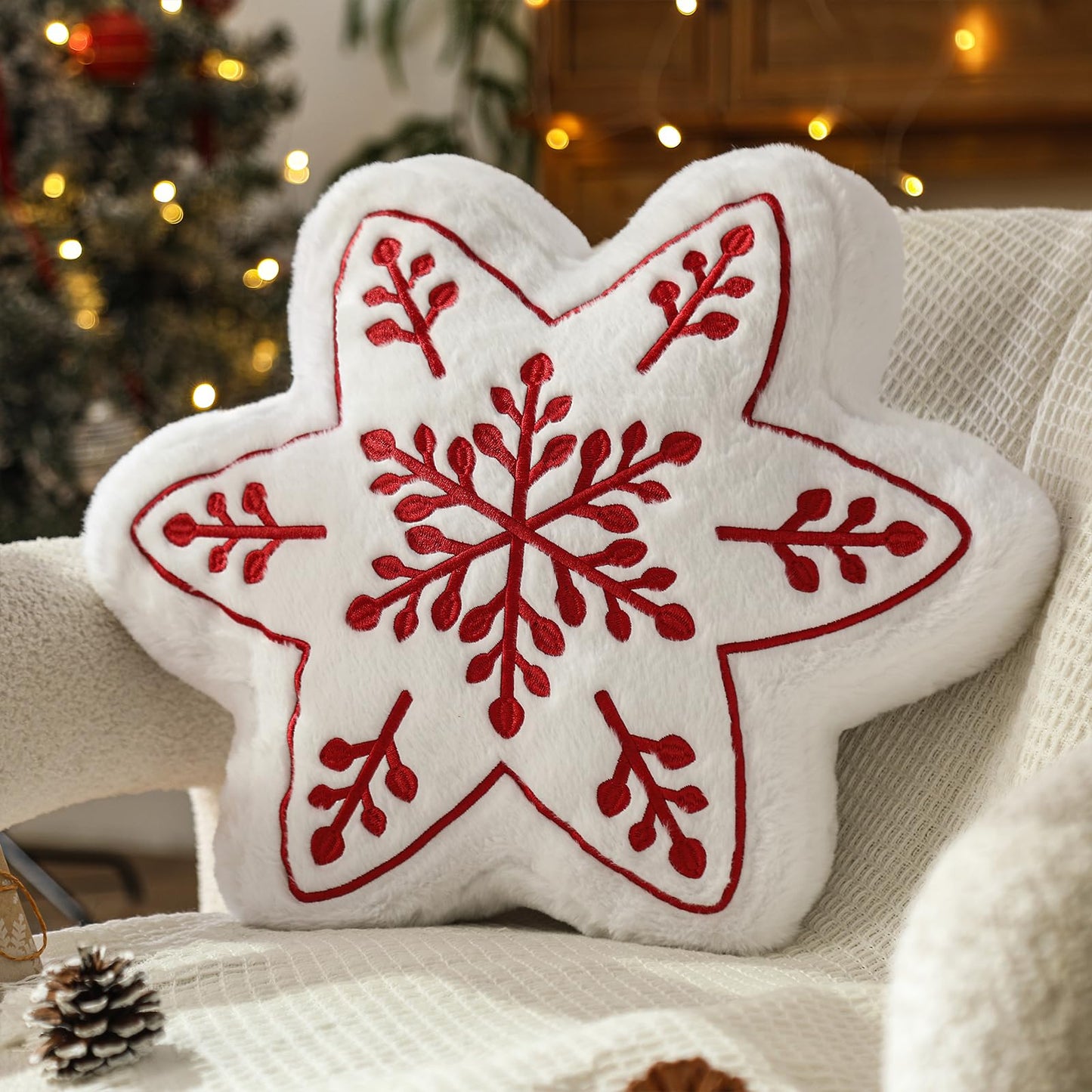 YRXRUS Christmas Snow Pillows, Snow Shaped Pillow, Small Cute Red Snowflake Pillow for Gifts, Christmas Decorations Throw Pillows for Party, Her, Kids, Girls Xmas Home Decor 13.5x13.5 Inches