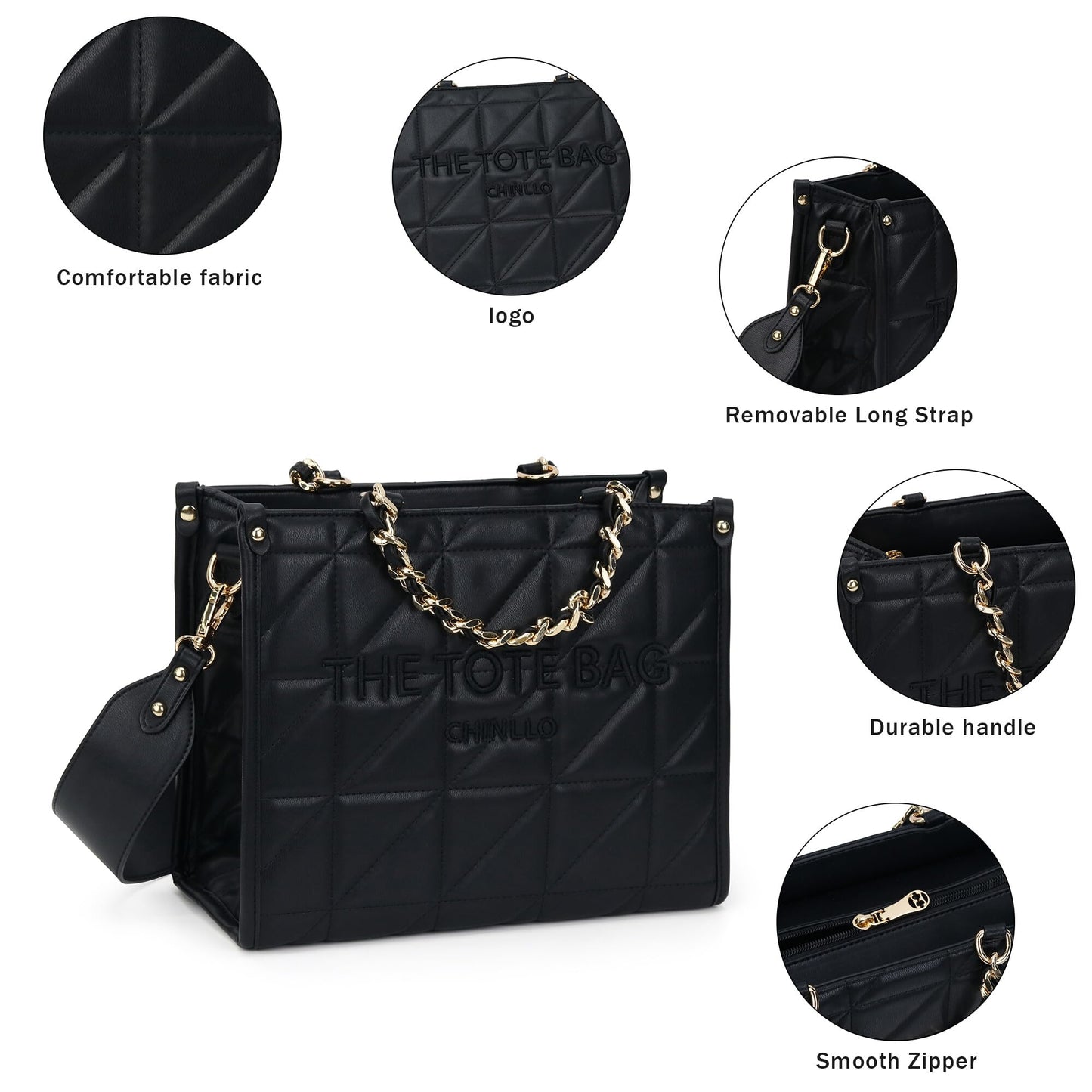 Chinllo Tote Bag for Women Laptop Quilted Chains Satchel Purse and Handbags with Shoulder Strap (E.Black-L)