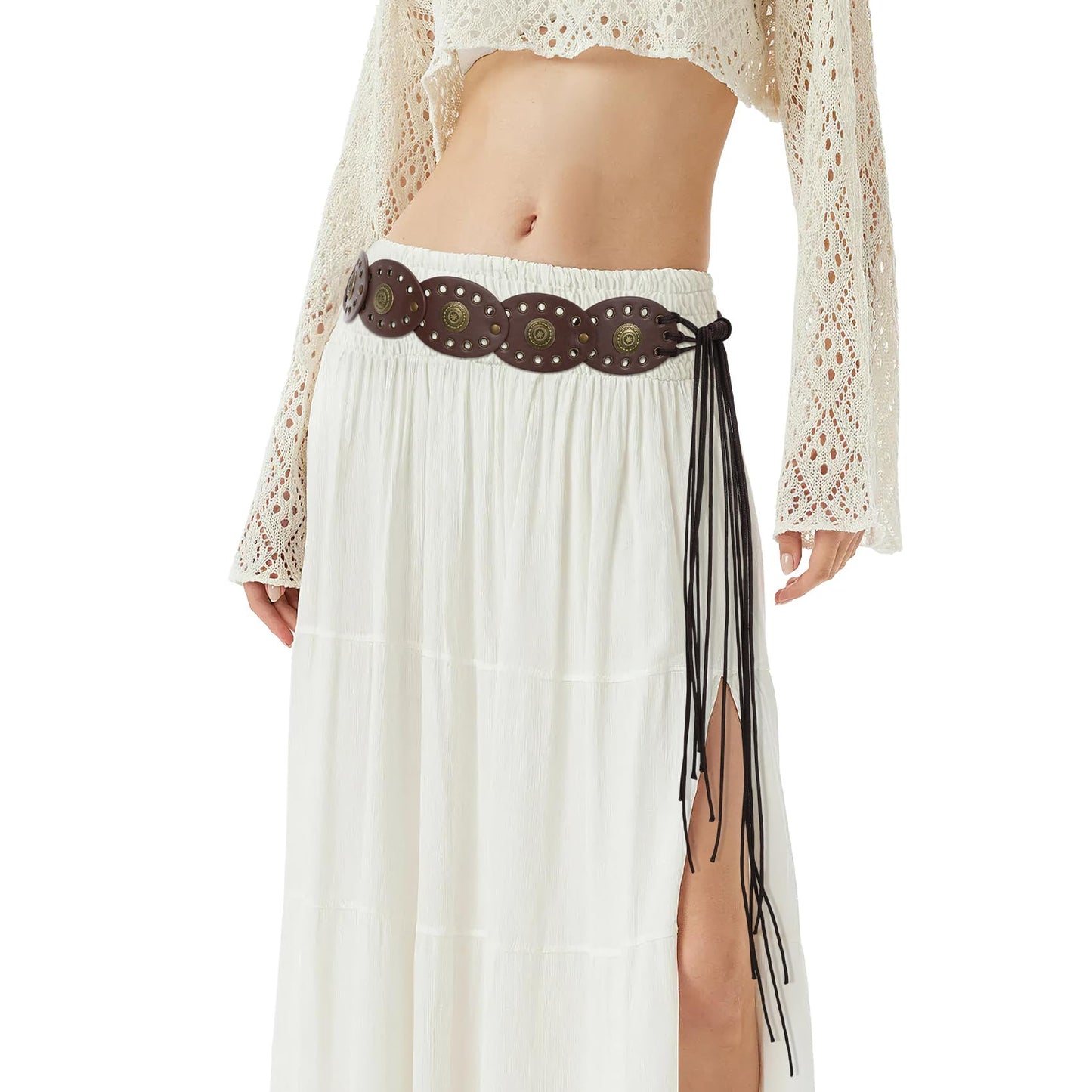 XZQTIVE Women's Boho Disc Belt Concho Western Cowgirl Cowboy Belt for Ladies Wide Vintage Leather Waist Belt for Dress