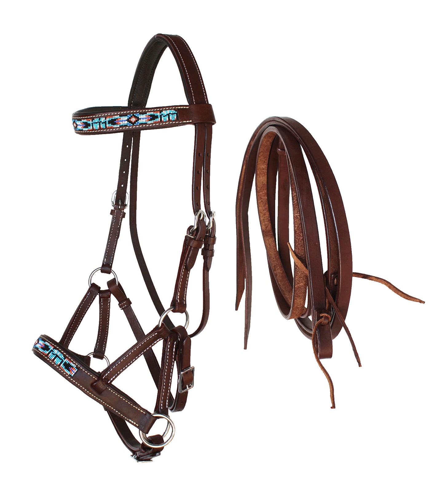 CHALLENGER Horse Western Brown Leather Beaded Bitless Padded Sidepull Bridle Reins 77RS14BR