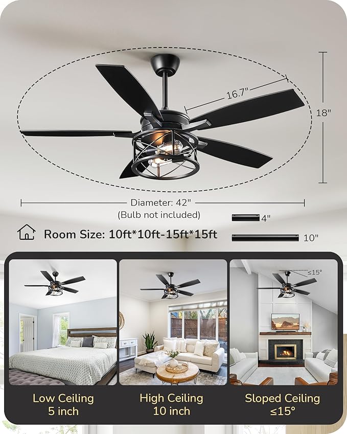 EDISHINE 42“ Black Farmhouse Ceiling Fans with Lights, Remote Control, Dimmable, 6 Speeds, 5 Wood Blades, DC Reversible Motor, Timer, Noiseless, Small Rustic Fan for Bedroom Living Room Kids Room
