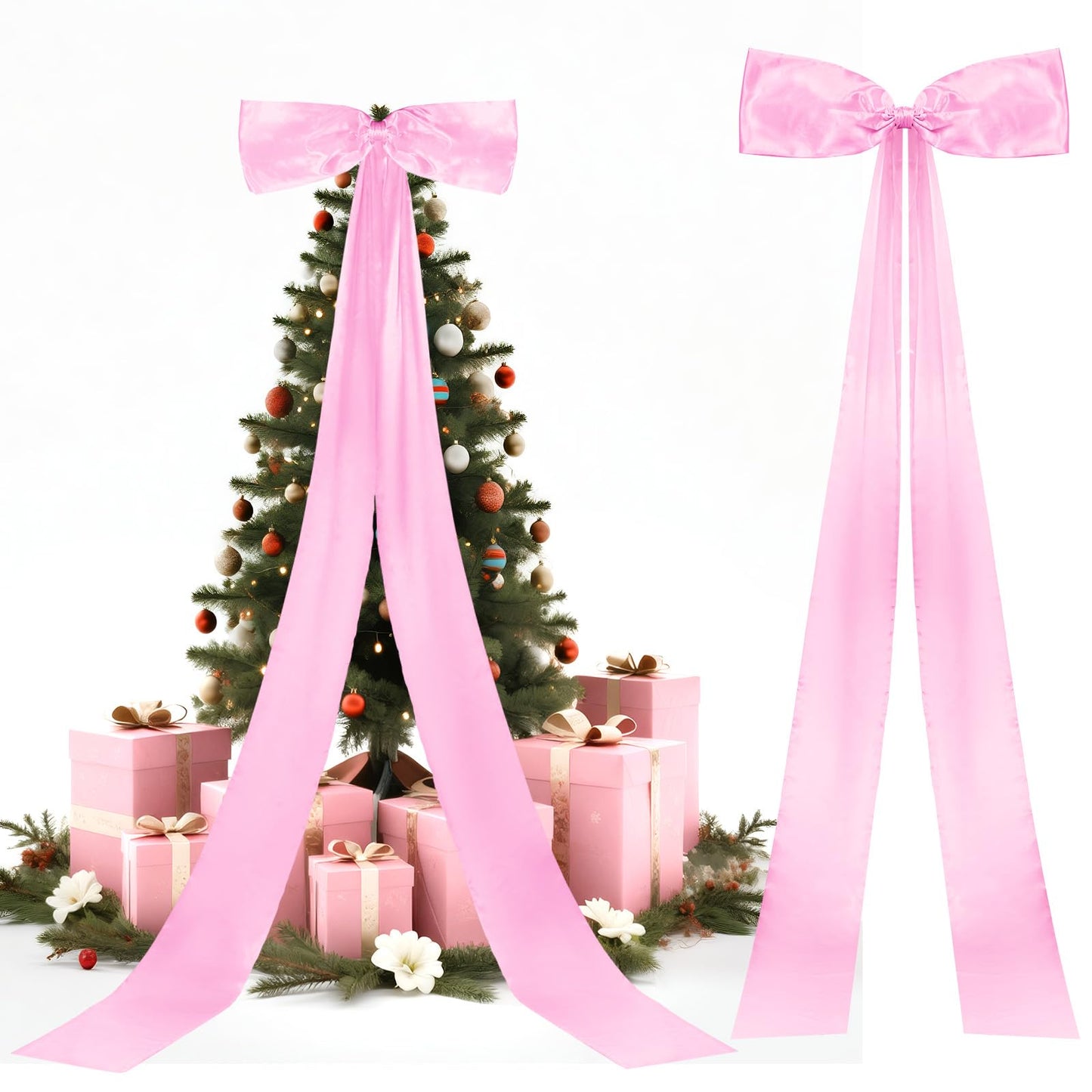 Giant Christmas Tree Bow Topper Big Bow for Christmas Tree Decorations 18X118In Tree Toppers Bows Big Pink Bows for Wedding Birthday Party Wall Backdrop(Pink)