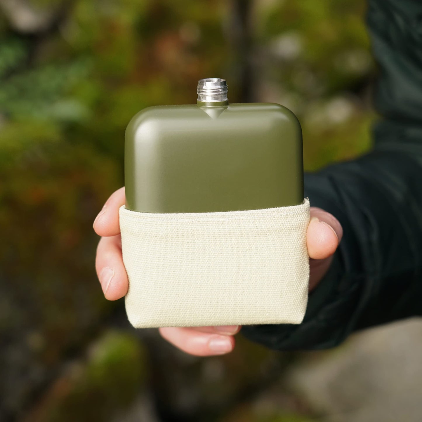 Foster & Rye Flask Whiskey Men-Stainless Steel Alcohol Matte Army Green with Canvas Wrap-6oz Set of 1, 6oz