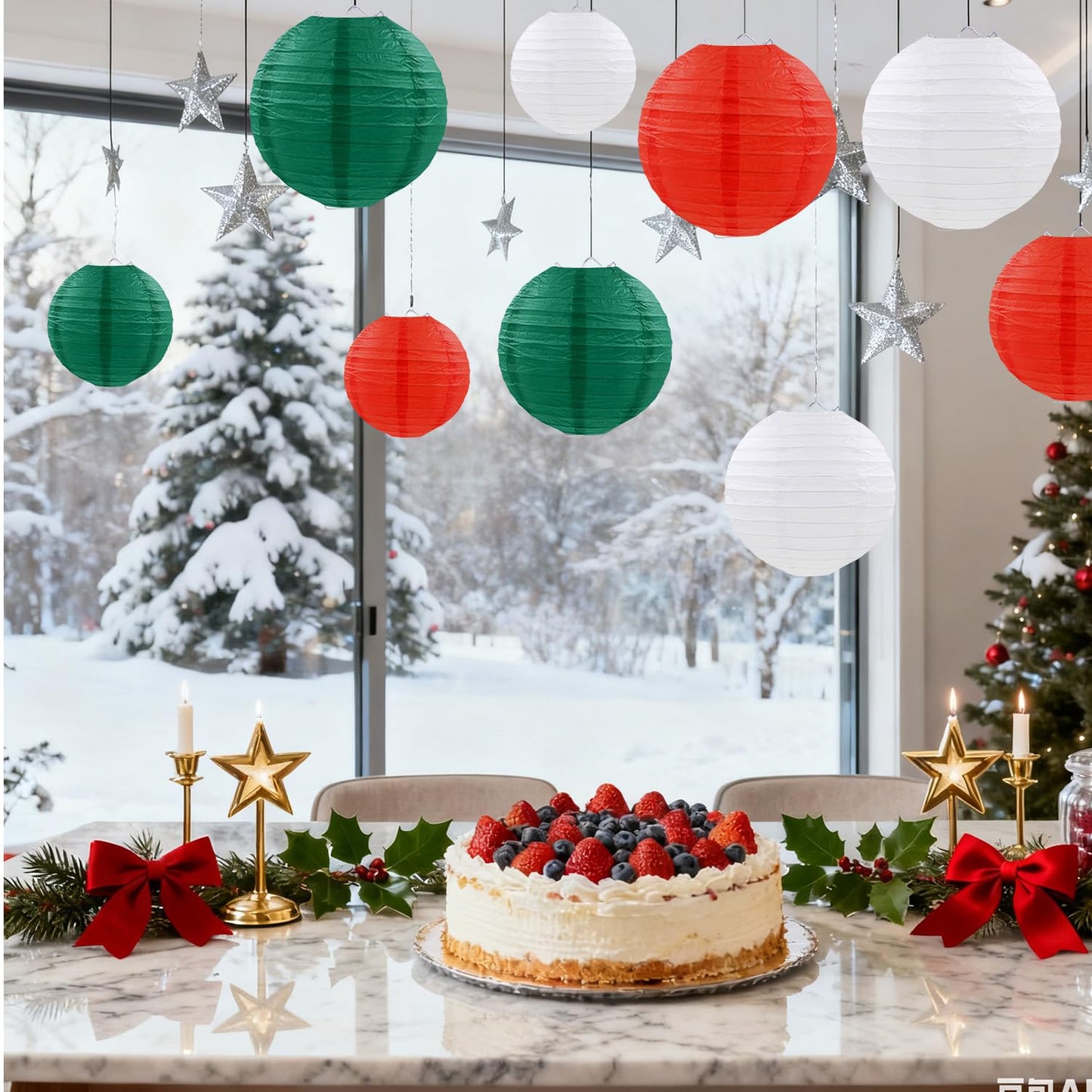 FUGUIR Christmas Paper Lanterns Red Green White Hanging Paper Lanterns for Christmas Birthday Wedding Baby Shower Party Decoration (9 PCS)