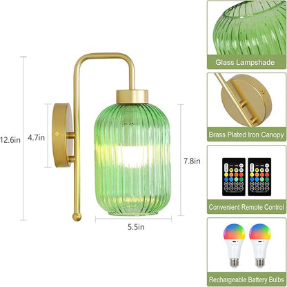 Vintage Battery Operated Wall Sconce with Green Glass Shade, Wireless Sconces Set of 2 with Remote and Dimmable Bulbs, Gold Rechargeable Cordless Wall Lights for Bedroom Living Room Bathroom