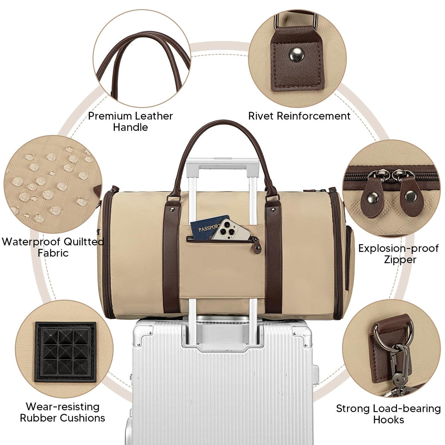 Vessgra 2 in 1 Duffle Bag, Carry On Duffle Bags for Women, 2 in 1 Suit Bag with Shoes Compartment 45L Garment Bag for Airplane Travel,Garment Bags with Shoulder Strap,(Khaki)