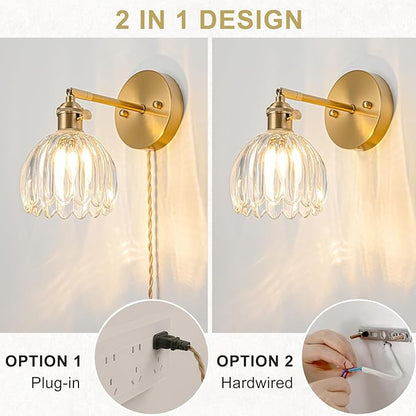 Plug in Wall Sconces Set of 2, Vintage Wall Sconce with Tulip Transparent Glass Lampshade, 180° Adjustable Wall Sconce with Switch and Plug in Wall Lamp Cord, Gold Wall Light Wall Decor Set of 2