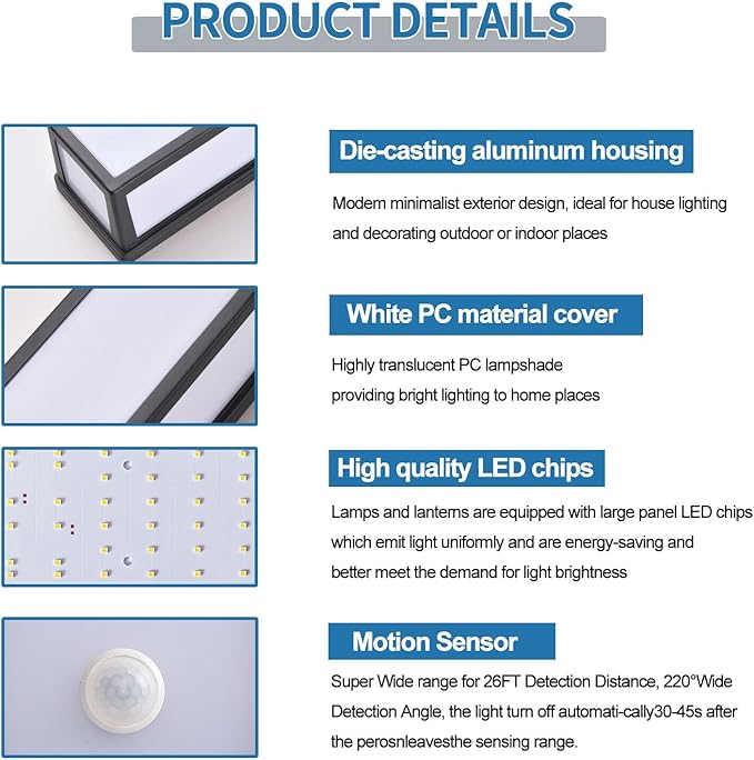Motion Sensor Outdoor Wall Sconce LED 30W Aluminum - Black Modern Exterior Light Fixture, 3000K Warm,IP65 Waterproof Rectangular Porch Lighting,for Patio,Garage,Front Door