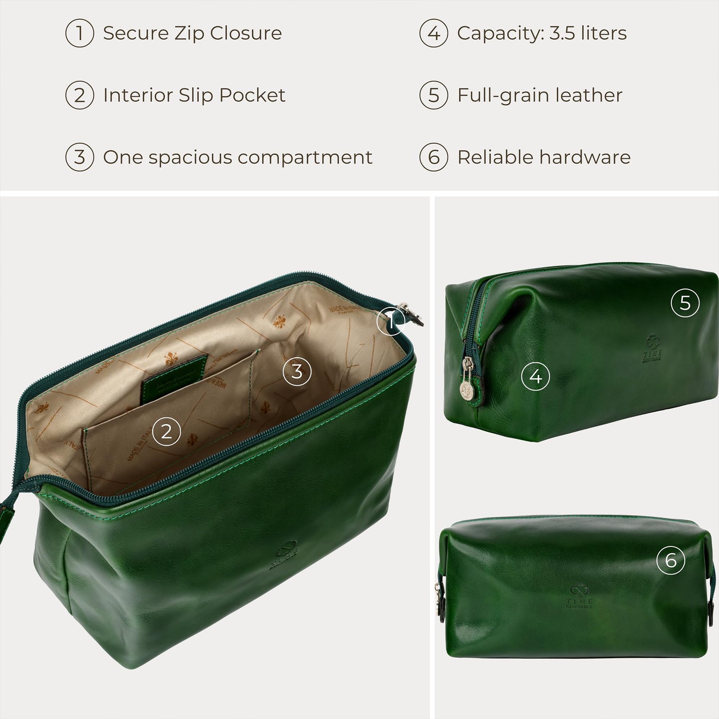 Time Resistance Leather Toiletry Bag - Italian Cosmetic Case Dopp Kit (Green)