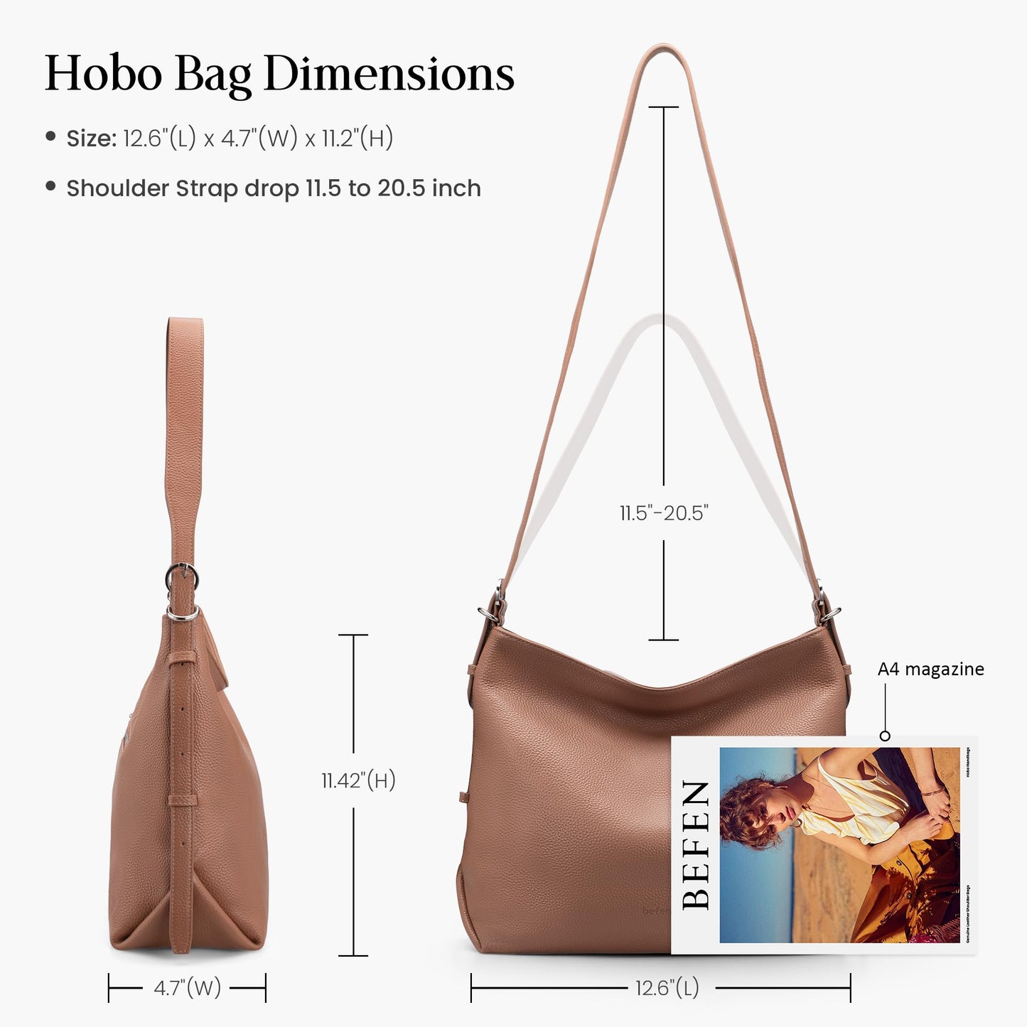befen Genuine Leather Hobo Bags Purse for Women Medium Crossbody Bag Leather Purses Shoulder Purse Handbags with Adjustable Shoulder Strap Mocha