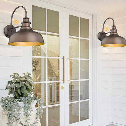 Bestshared 14 Inch Dusk to Dawn Gooseneck Barn Lights Farmhouse Outdoor Wall Sconce Industrial Exterior Wall Lighting Fixture Vintage Porch Lantern Lamp for Patio,Garage,Front Doo(ORB+Gold, 14"-2Pack)