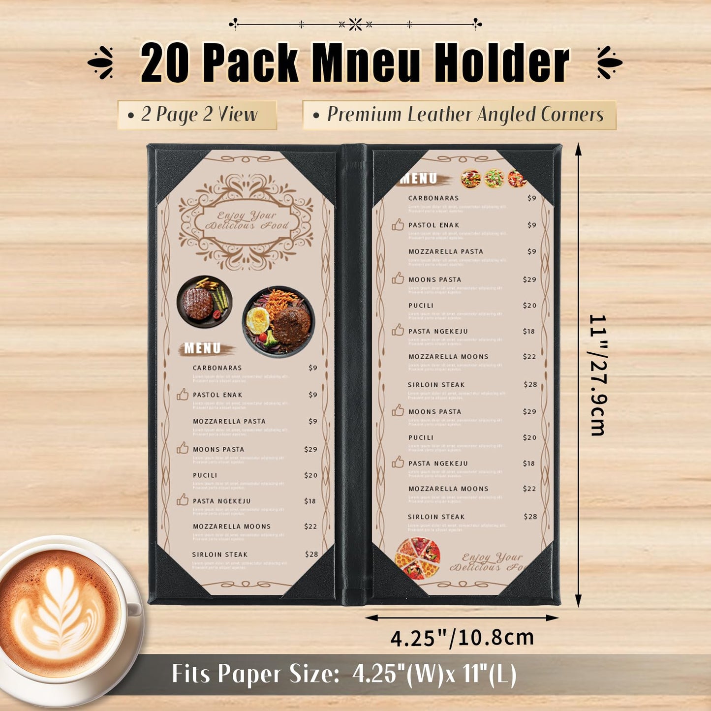 FLKQC 20 Pack Restaurant Menu Covers Holders 4.25" X 11", 2 Pack 2 View Synthetic Leather Menu Holder Covers Book Style with Angled Corners Black for Wine List, Morning Menu, Wine Menu (20, 2 Page)