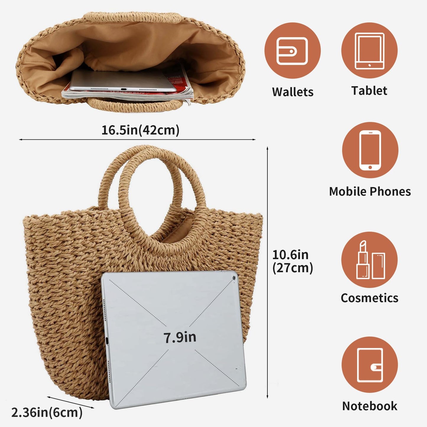 Women Summer Beach Bag, Straw Handbag Top Handle Big Capacity Travel Tote Purse Hand Woven Straw Large Hobo Bag (Brown)