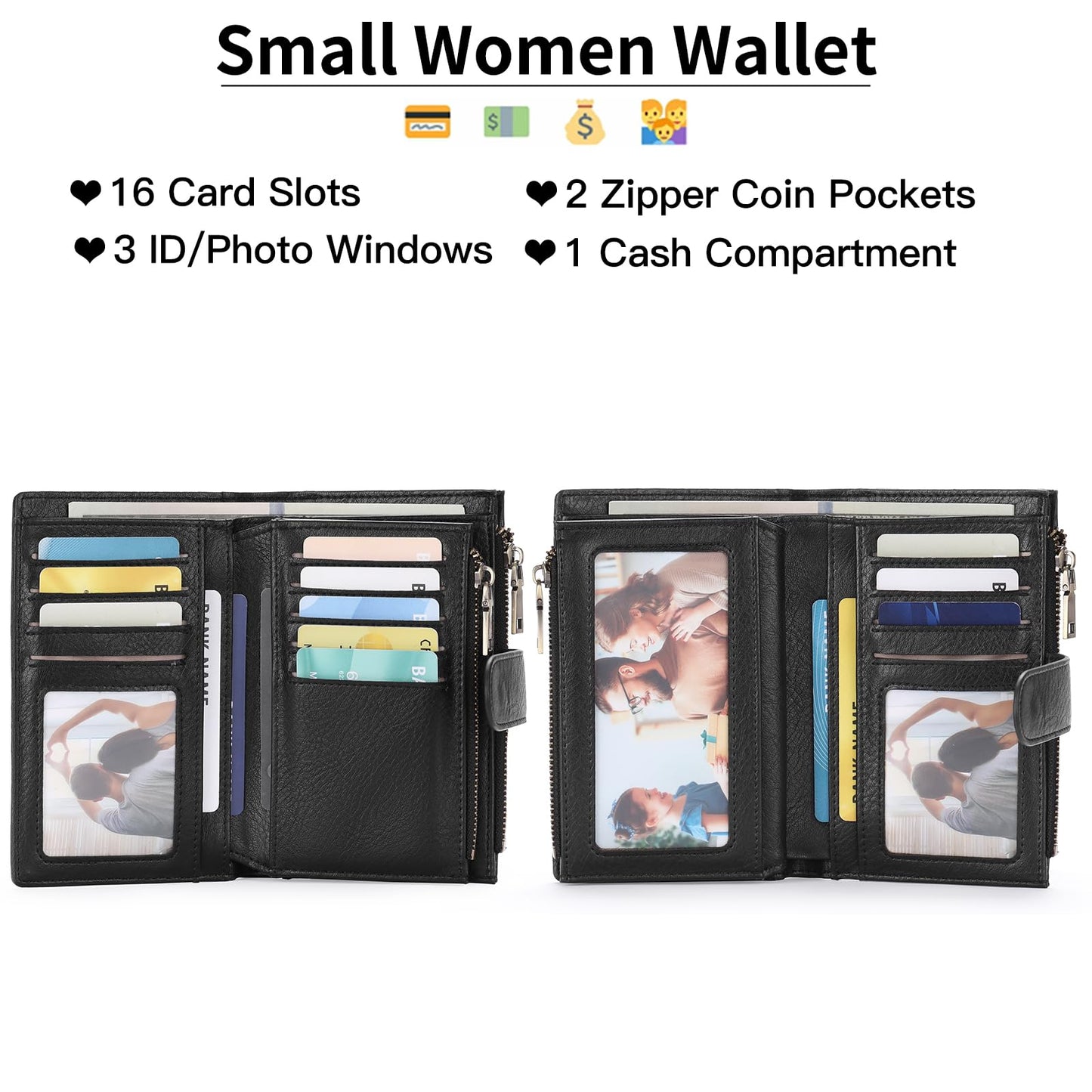 GOIACII Womens Wallets RFID Blocking Leather Trifold Clutch Wallet Credit Card Holder Ladies Purse 3 ID Windows Black