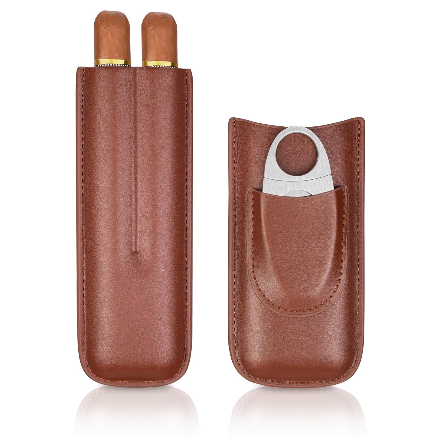 cgaplus 2-Finger Leather Cigar Case with Cutter Cedar Wood Lined Cigar Humidor Portable Travel Cigar Case(Brown)