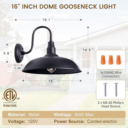 Large Black Gooseneck Barn Light for Farmhouse, 16in Dome Outdoor Wall Lights for Porch, 4 Pack Exterior Lighting Fixture with Goose Neck Arm for Front and Back Porch House Garage Door