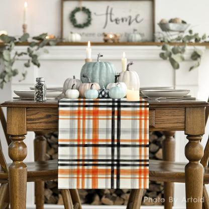 Artoid Mode Orange Black Buffalo Plaid Fall Table Runner, Halloween Kitchen Dining Table Decoration for Outdoor Home Party 13x108 Inch