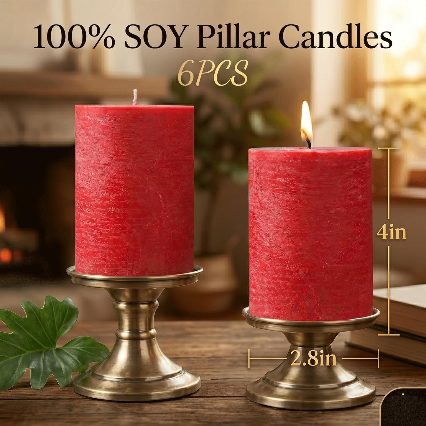 Red Rustic Pillar Candles 6 Pack, 2.8" x 4" Soy Wax Candles, Up to 55 Hours Burn Time, Smokeless Unscented Farmhouse Candles for Home Decor, Wedding & Emergency Use