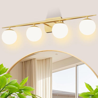 Gold Vanity Lighting Fixtures, 4-Light 34.7 Inch Modern Bathroom Light with Milky White Frosted Glass Shades, Wall Lights for Bathroom, Bedroom, Living Room(G9 Bulb not Included)