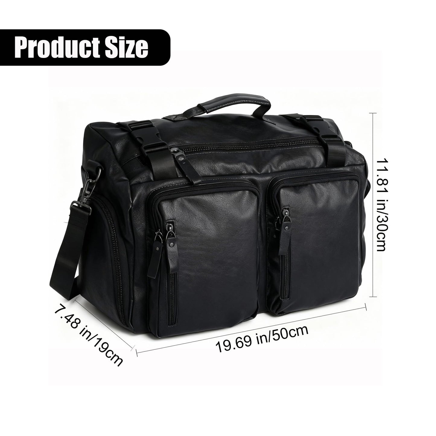 Leather Duffle Bag for Travel, Waterproof Overnight Weekend Gym Carry On Bag with Shoe Compartment for Men Women Black