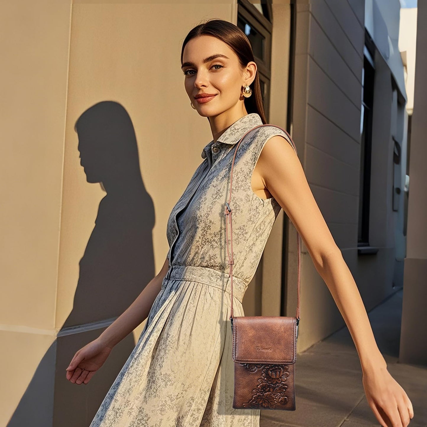 VIMUTI Small Crossbody Bags for Women Trendy Vegan Leather Cell Phone Bag Embossed Flower Design Wallet Purses with Strap (01-Brown)