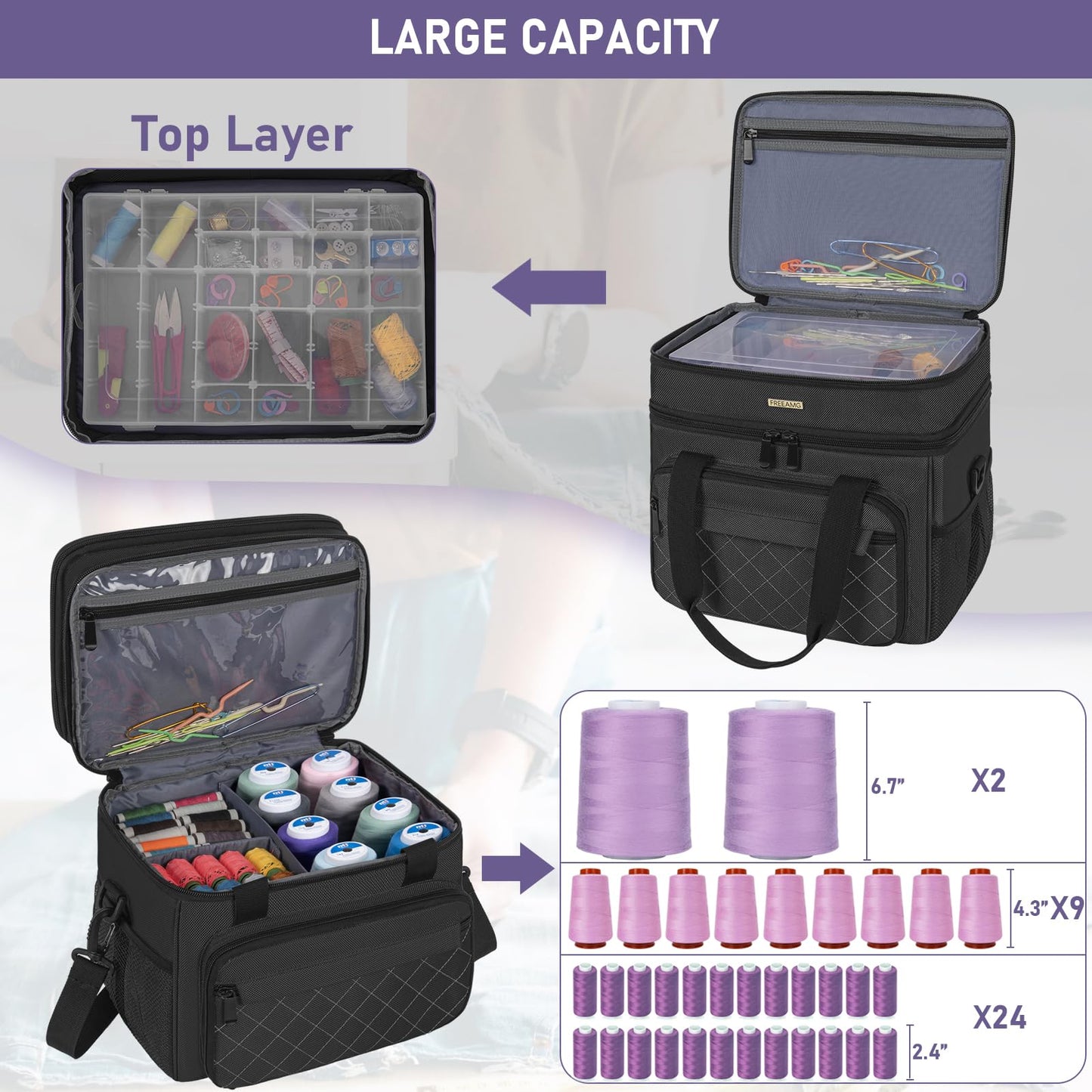 FREEAMG Double Layer Sewing Storage Bag, Large Capacity Sewing Accessories Organizer Travel Sewing Case with Shoulder Strap & Clear Organizer Box (No Tools Included)