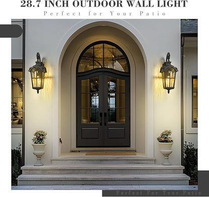 Emliviar 28.7" Black Outdoor Wall Sconce, Large Exterior Lantern Light Fixture with Die-Cast Aluminum & Water Ripple Glass, WE215BL-SW BK