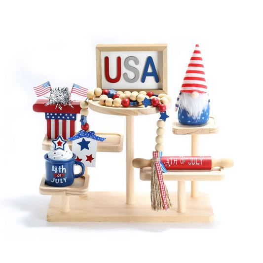 4th of July Decorations Patriotic Tiered Tray Decor Set, 6 Pieces Fourth of July Memorial Day Decorations for Home Office Independence Day Centerpieces for Table Shelf Tray Red White and Blue Decor
