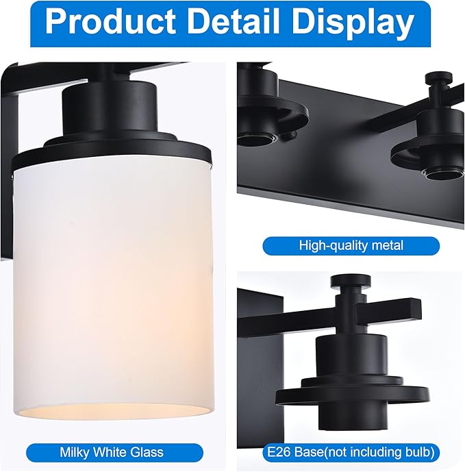 MELUCEE 4-Light Black Bathroom Light Fixture, Modern Bathroom Vanity Lights Over Mirror with Milky White Glass Shade, Farmhouse Wall Mounted Lamp for Dressing Room Living Room Hallway