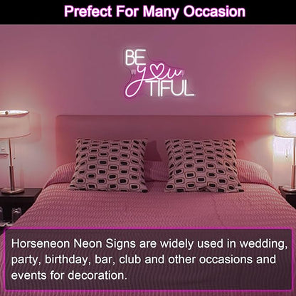 Horseneon Be You Tiful Neon Led Sign, Rectangular Pink Neon Light Sign, 16.5''*11.6'', Wall Mount, Modern Love Theme, USB Powered, Acrylic Material, Perfect for Room Decor, Salon, Party, Gift
