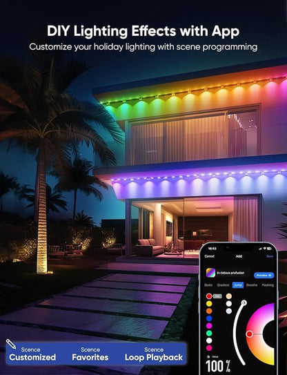 APPECK Permanent Outdoor Lights Pro 150ft, 108W RGBCW Eaves Light with 108 LED Lights, 80lm, Cuttable, 111 Scene Modes, IP67 Waterproof Lighting for Halloween Decoration, Work with Alexa, Black
