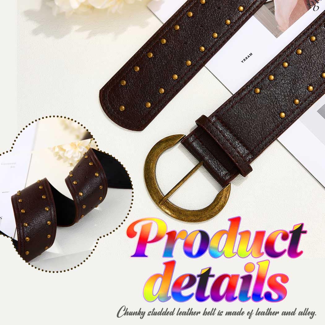 Beautriy Wide Studded Leather Belts Chunky Vintage Belt Fashion Thick Belt Accessories for Women (Coffee)