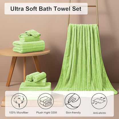4 Pcs Grass Green Cabana Stripe Large Bath Towels 35"x70" Oversized Bath Sheet