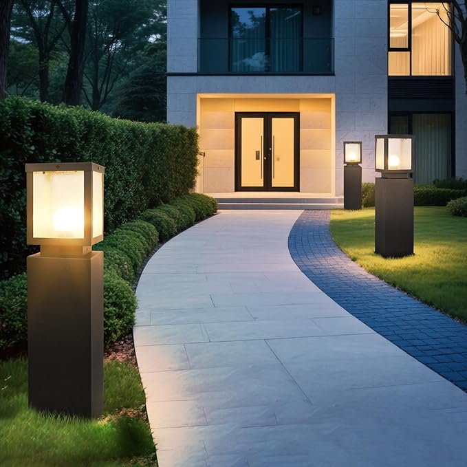 Outdoor Landscape Path Light Modern Black Waterproof Bollard Light Outside Housing Pathway Light Aluminum Walkway Lighting Hardwired E26 Sideway Post Pole Lighting Patio Porch Exterior Lawn Floor Lamp