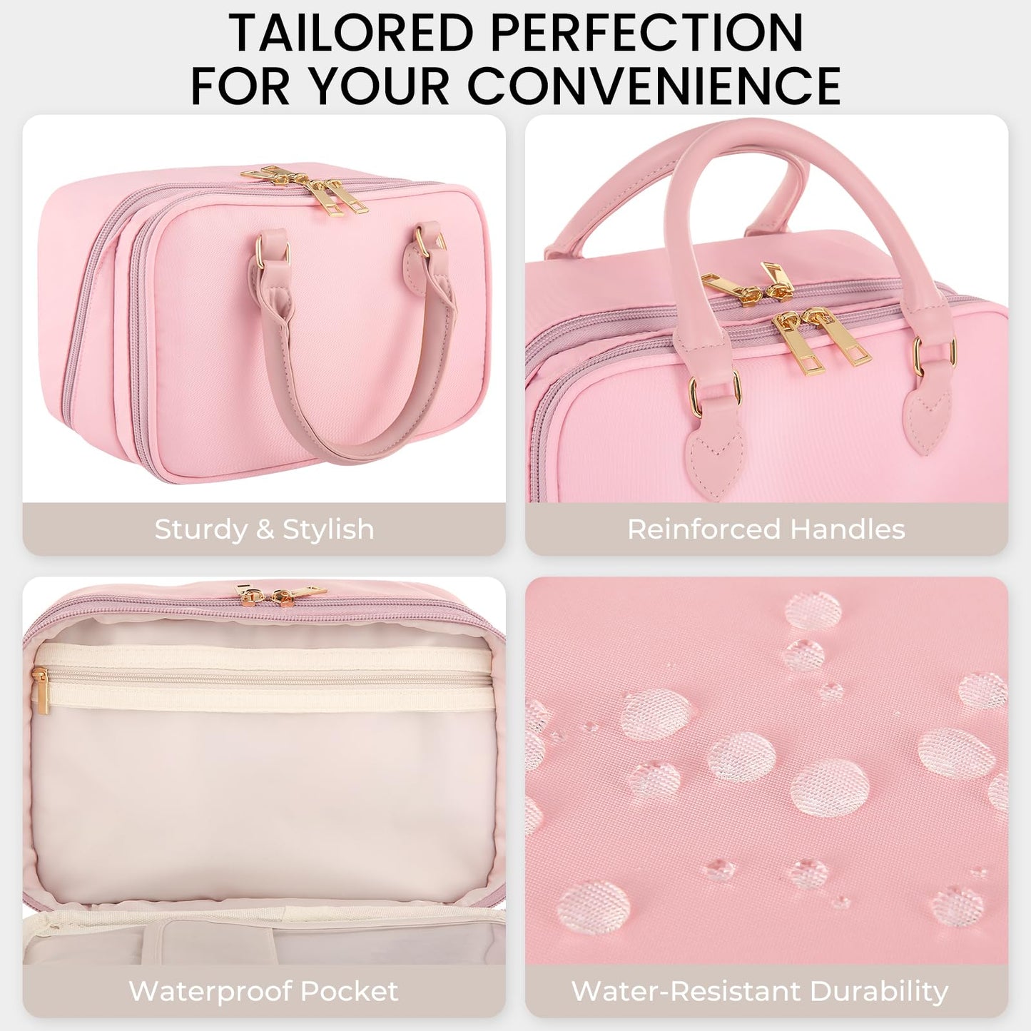 Travel Makeup Bag for Women Fashion Large Capacity Pouch Open Flat Cosmetic Portable Organizer Waterproof Large Opening Storage Toiletry Bags Vertical Free-Standing Brush Holder for Easy Access Pink