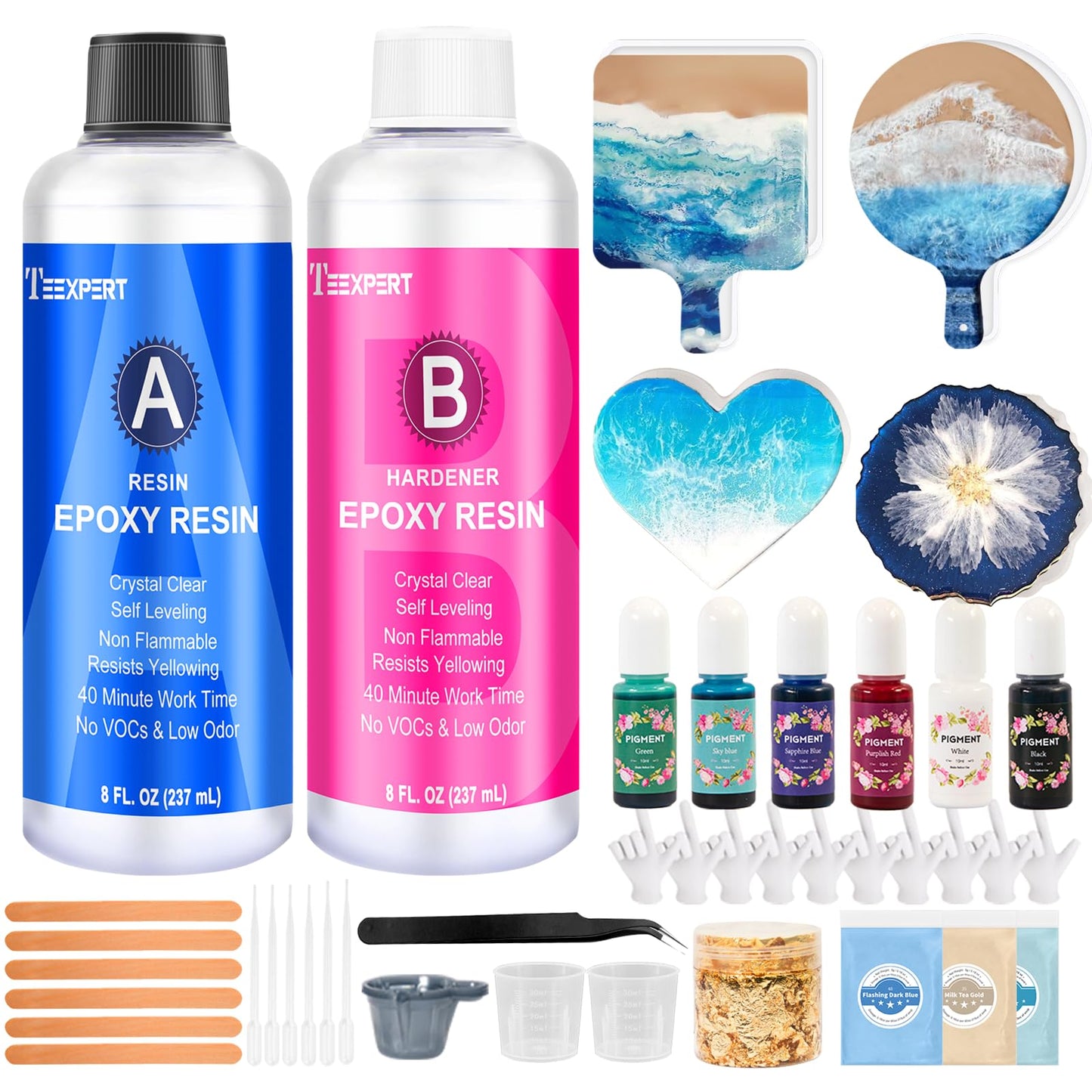 Teexpert Epoxy Resin Kit for Beginners, Resin Kit with Coaster Molds, Silicone Molds Kit, Pigments, Crystal Clear Art Resin, Casting & Coating for DIY Coasters 16 FL.OZ