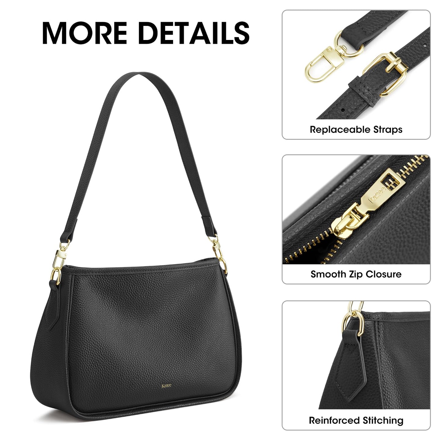 Kattee Shoulder Purse for Women, Medium Leather Black Crossbody Bags Trendy, Clutch Hanbags Purses, Small Hobo Bags with 2 Removable Straps