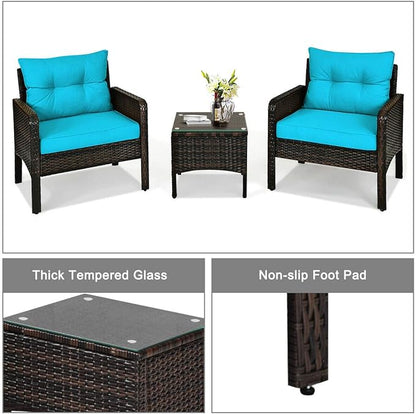 HAPPYGRILL 3 Piece Patio Furniture Set Outdoor Rattan Wicker Coffee Table & Chairs Set with Seat Cushions Patio Conversation Set for Garden Balcony Backyard Poolside