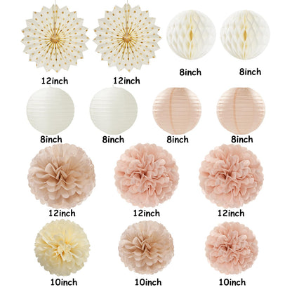 Champagne-Gold Beige-Peach Boho Party-Decorations Streamers - 14pcs Fall Neutral Baby Shower Rustic Bohemian Wedding Paper Honeycomb Lanterns Fan,Birthday Bachelorette Bridal Decor Lasting Surprise