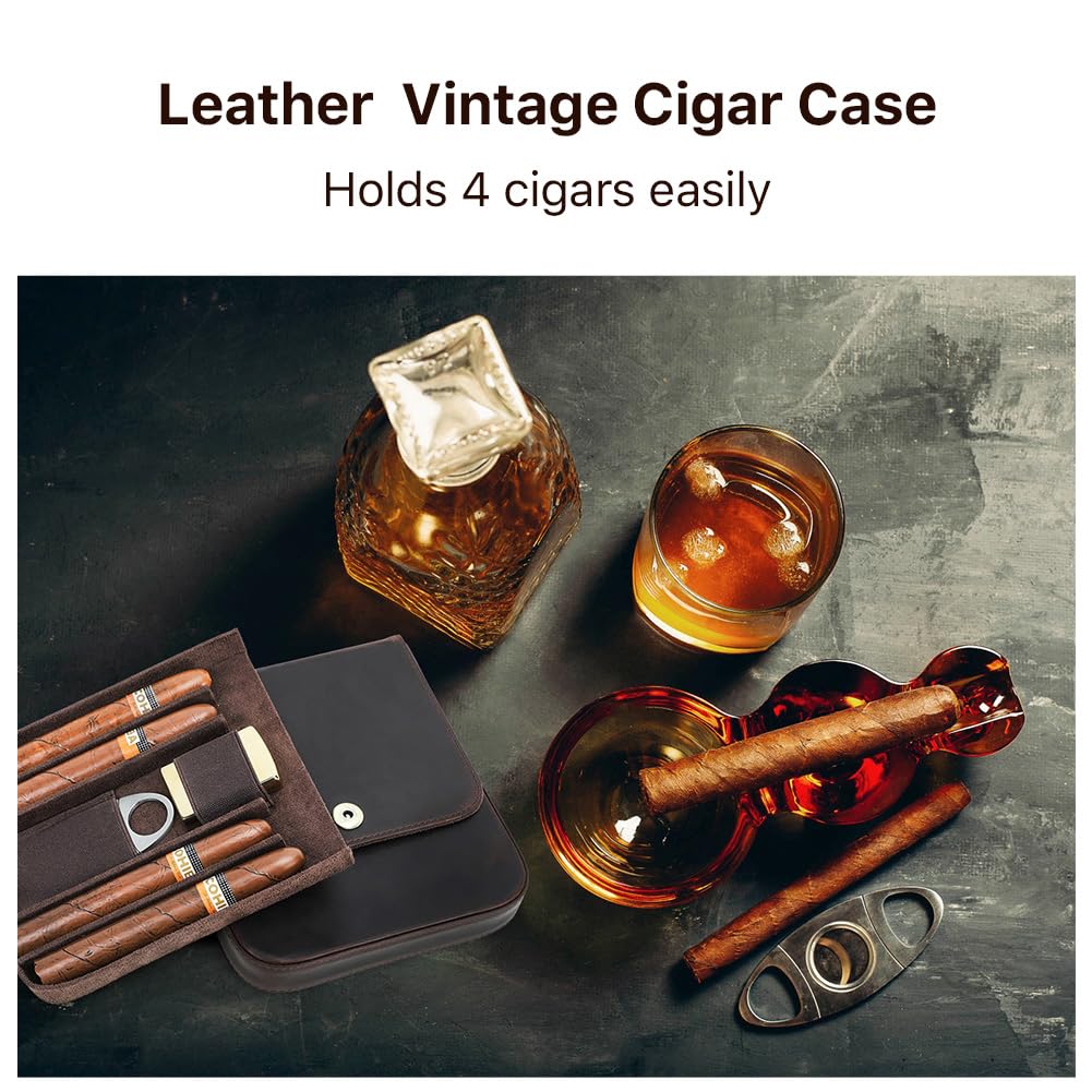 Hiram Vintage Leather Cigar Case for 4 Cigars Travel Cigar Holder with Fisheye Magnetic Buckle Includes Lighter & Cutter Slots Fits 60 Ring Gauge & 6.5 Inch Length Cigars Retro Portable Pouch