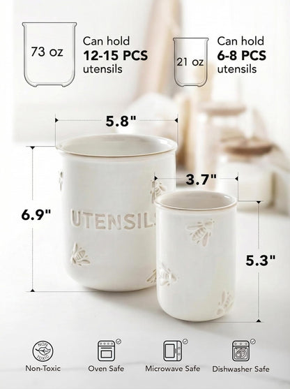 LE TAUCI Kitchen Utensil Holder Set of 2 - 6.9"+5.3" Large Ceramic Cooking Utensil Crock & Organizer for Spatula, Spoon, Whisk - Farmhouse Countertop Storage, Arctic White, Embossed, Bee