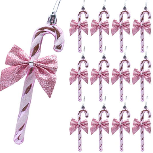 Pink Candy Cane Christmas Tree Ornaments with Bows, 12Pack 5.5 Inch Glistening Candy Cane Decorations for Christmas Tree, Holiday Hanging Decorations (Pink, 12Pack)