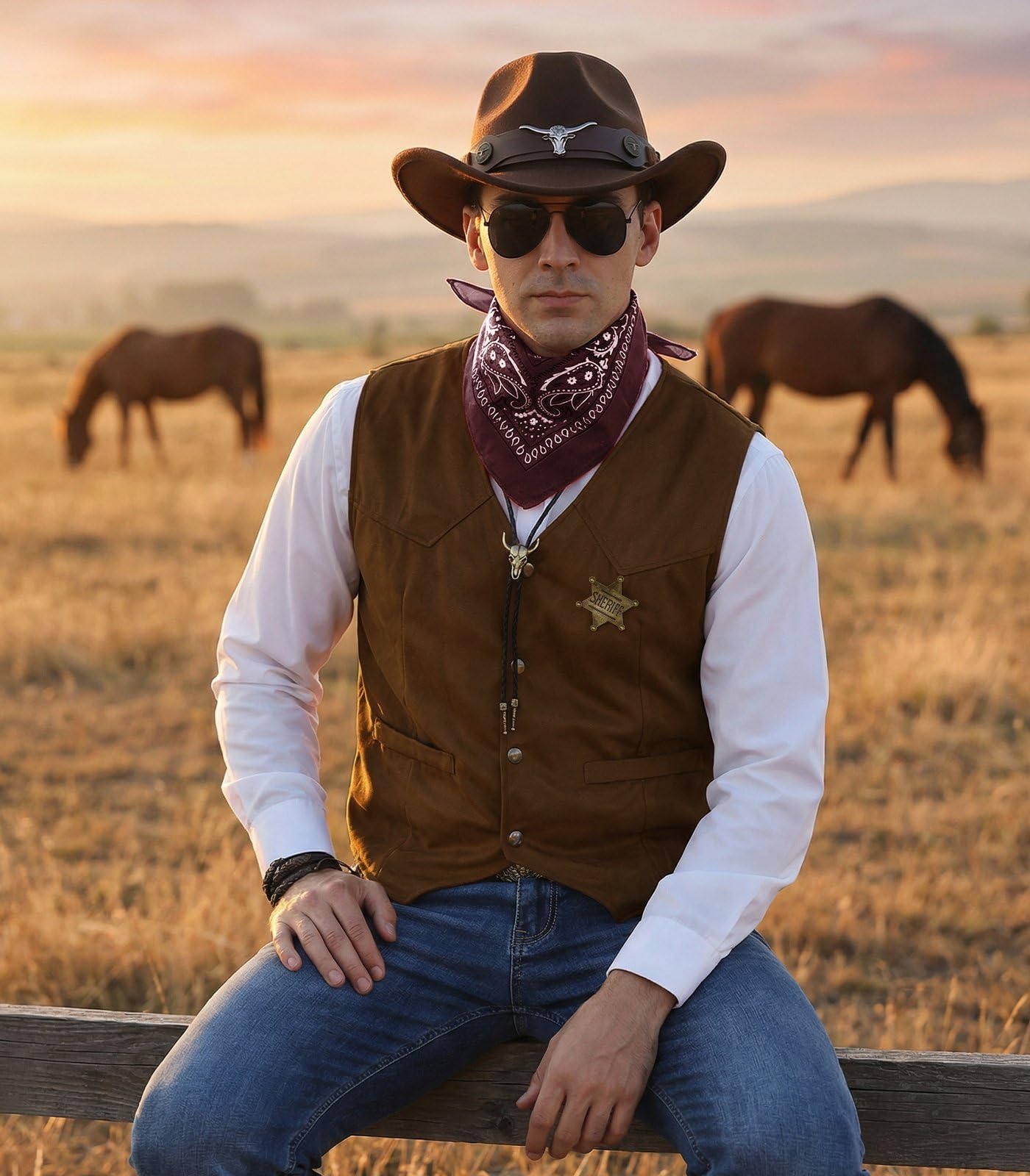 8 PCS Men’s Western Cowboy Costume Set with Cow Vest & Hat Retro Accessories Halloween Party Cosplay Darkbrown-L