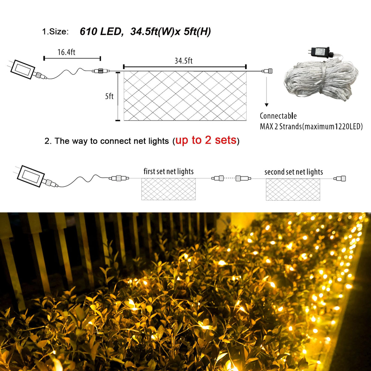 Lovelite 610 LED Christmas Net Lights, 34.5ft x 5ft Mesh Lights Outdoor Clear Wire 8 Modes, Waterproof Connectable String Lights Plug in for Bushes Xmas Tree Garden Holiday Party Decor - Warm White
