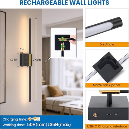 NIORSUN 28 Inch Battery Operated Wall Sconce Set of 2, Black-Gold Rechargeable Wall Lights with DIY Independently Rotatable Tube, 3CCT Dimmable Wireless Wall Sconces for Living Room Bedroom Hallway