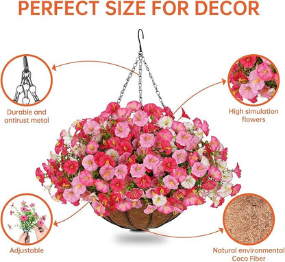 Florielle Artificial Hanging Faux Flowers Basket, Fake Silk Petunias Plants Arrangement,for Spring Summer Outdoor Decoration,UV Resistant, Morning Glorias,for Home Garden Decor (Dark Pink&White)